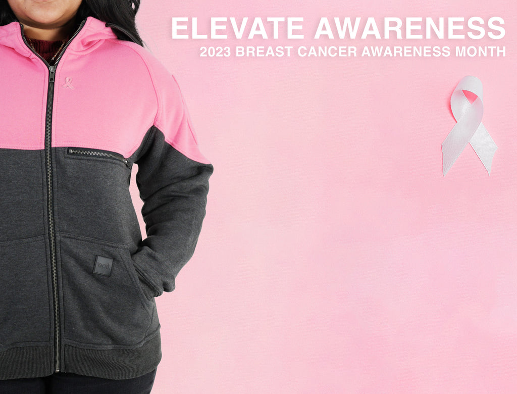 Elevate and Raise Awareness for Breast Cancer this month by getting a Peak Zip Up Hoodie in Pink
