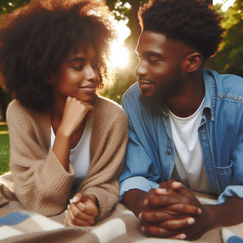 African American couple outside, laying down, staring lovingly into one another's eye