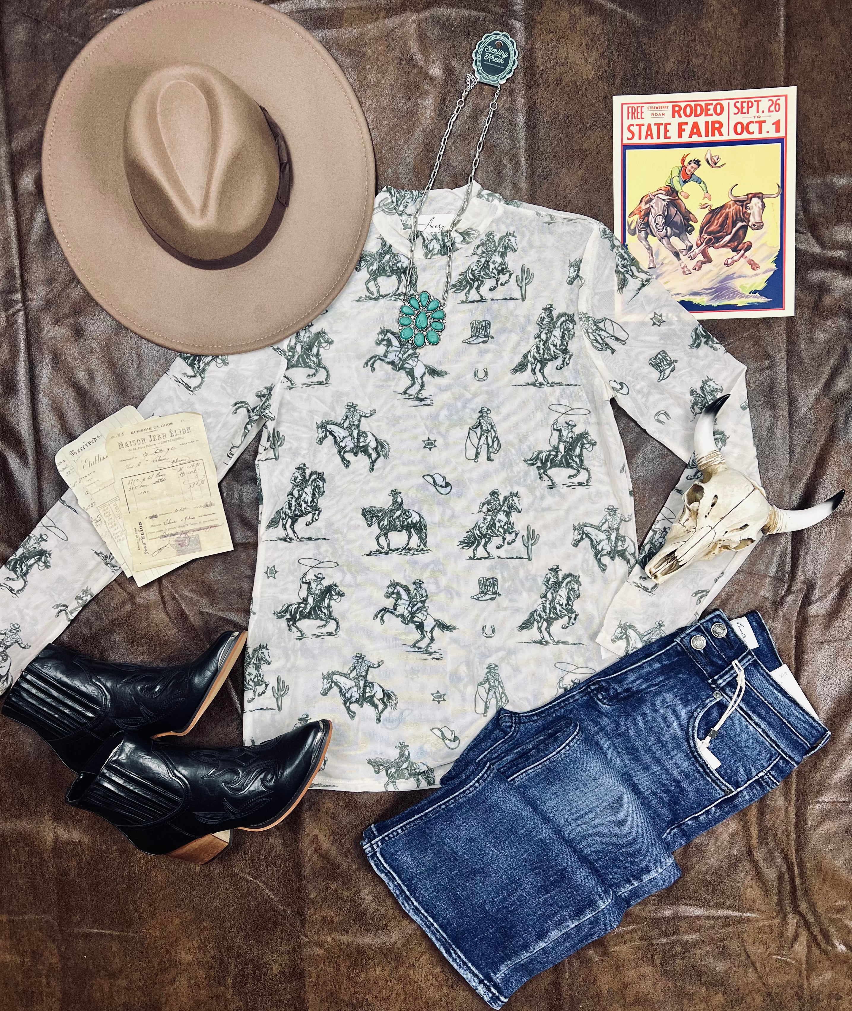 Avery MARISA Western Cowboy Print
Semi Sheer Mesh Top