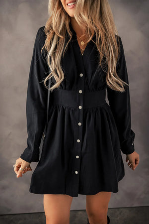 Ruched Button Up Long Sleeve Dress - Aclosy