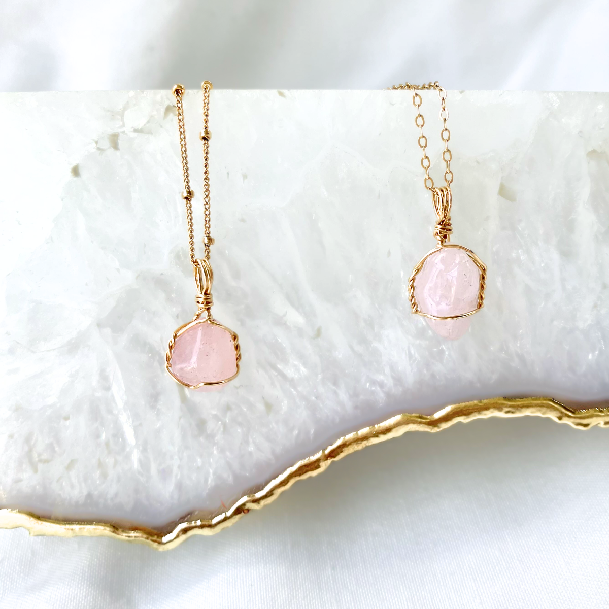 Small Natural Rose QUartz Crystal Necklaces in 14K gold From Australian Crystal Store Sticks and Stones