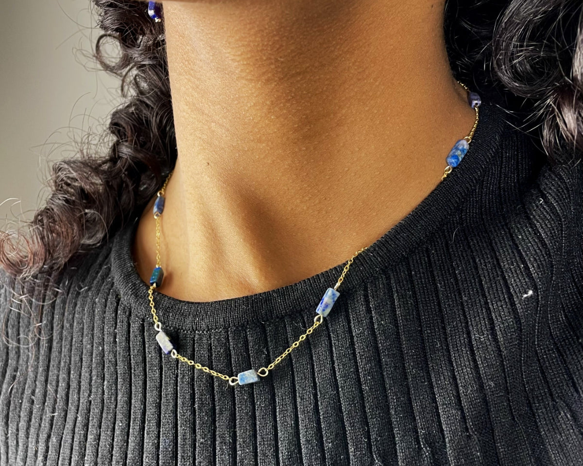 lapis lazuli crystal necklace beaded 14K gold chain handmade by australian crystal store sticks and stones creative