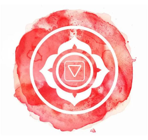 red root chakra symbol on watercolor image to show meaning of the root chakra