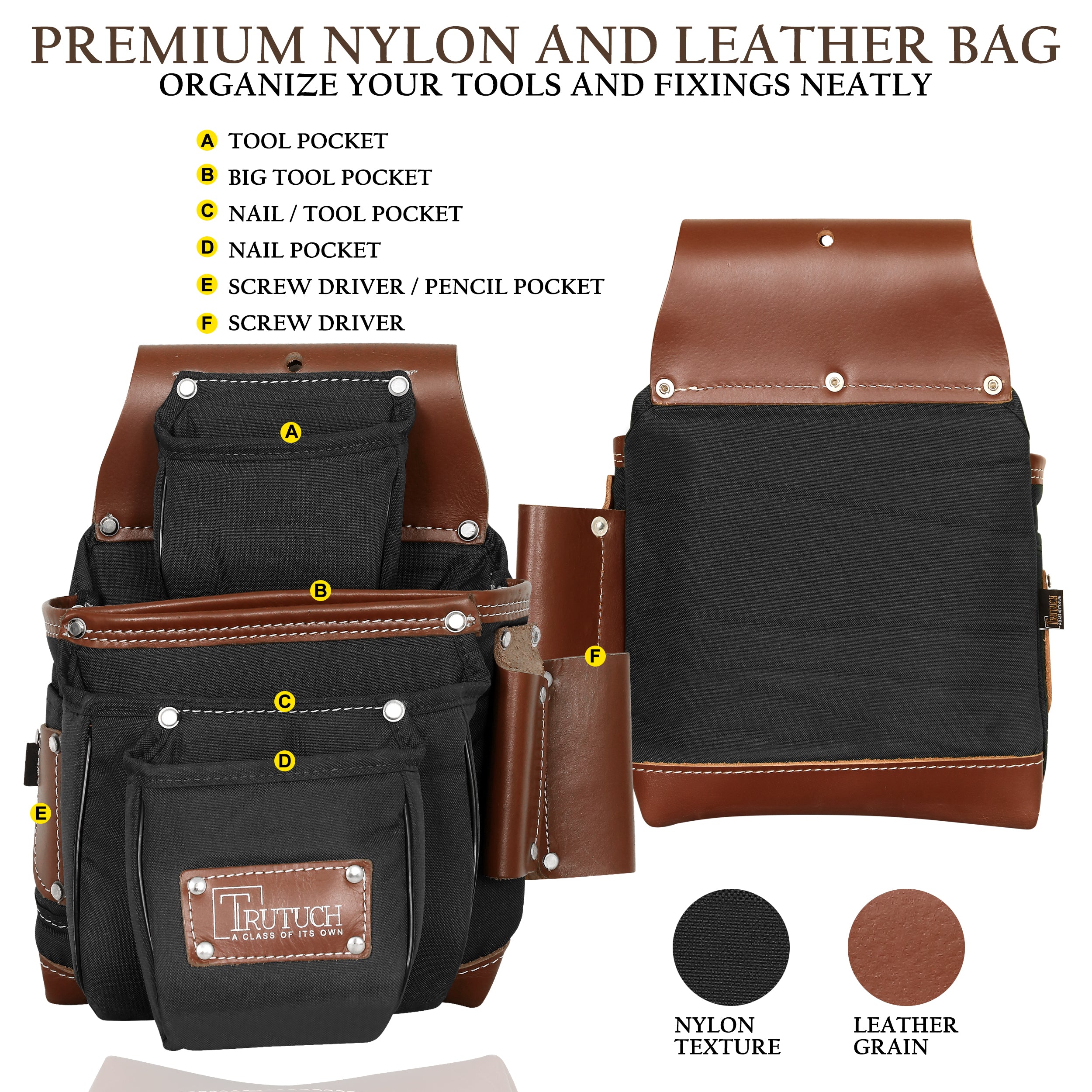 Nylon and Leather Tool Belt, Nylon Tool Bag for Carpenter, Tool