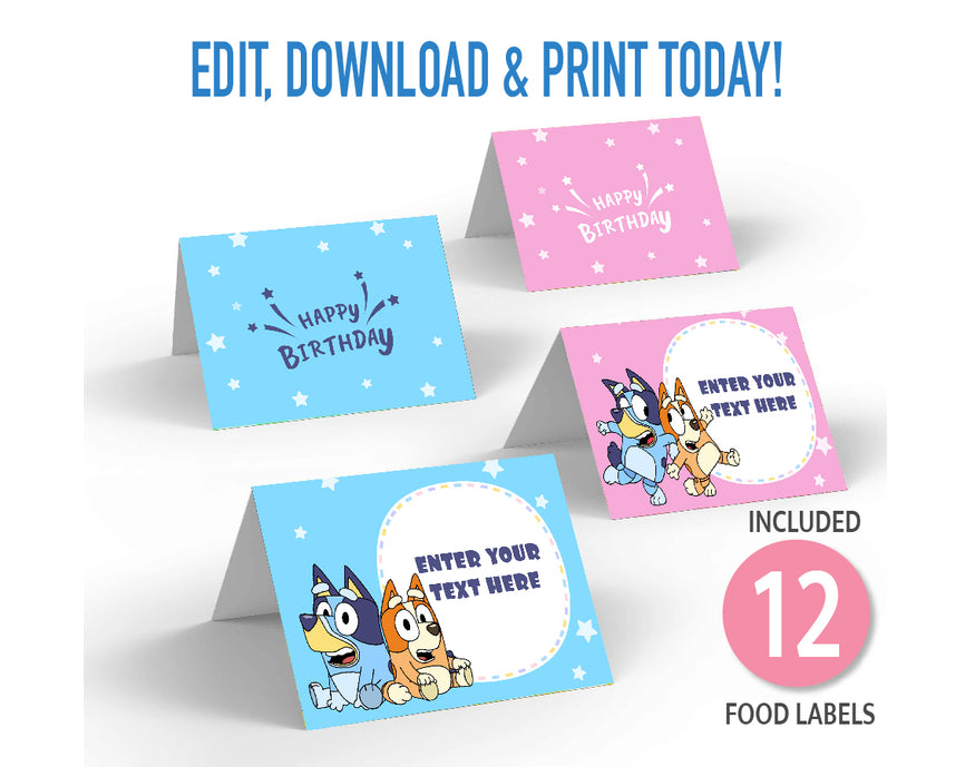 Bluey FOOD TENTS Food Labels Editable Printable Instant Digita