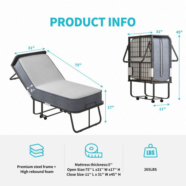 Folding Bed with Mattress and Headboard