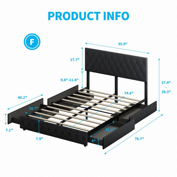 Drawer Bed Frame with Adjustable Headboard