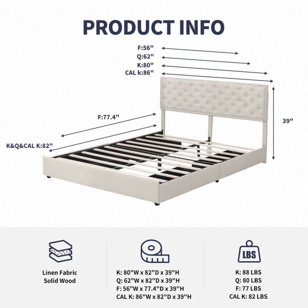 Mjkone Minimalist Upholstered Platform Drawer Bed Frame