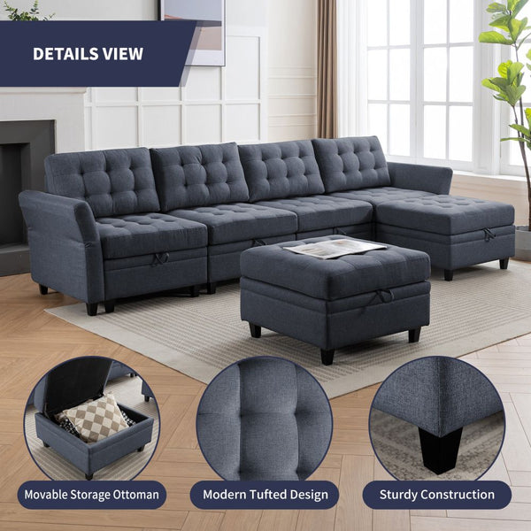 Mjkone 6-Seater Modern Sectional Sofa With Storage Ottoman