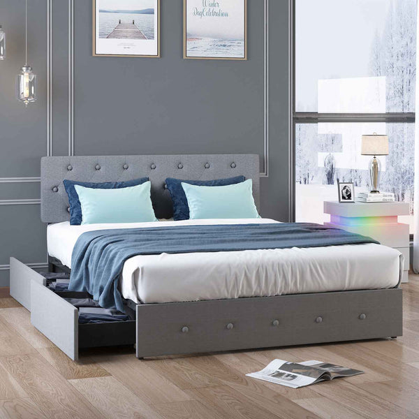 Mjkone Adjustable Headboard Upholstered Drawer Bed