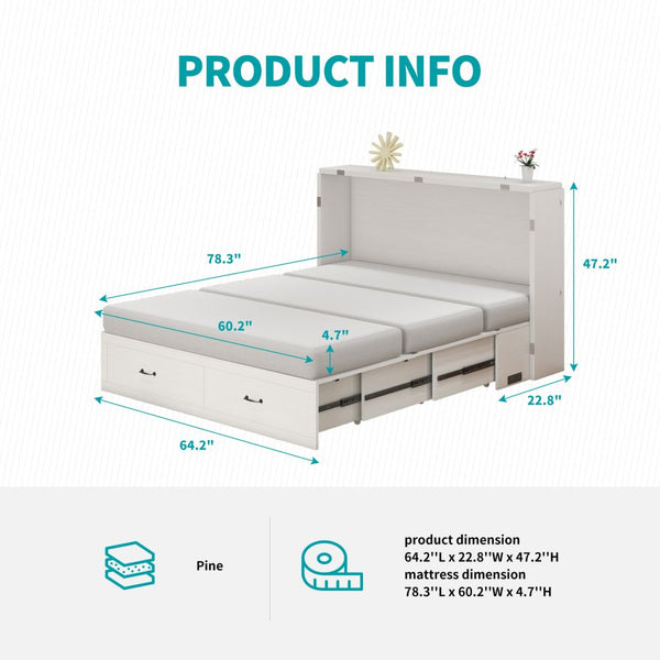 Mjkone Queen Size Murphy Cabinet Bed with Mattress & Drawers