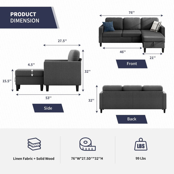 Mjkone L-Shaped Sectional Sofa with Storage Ottoman