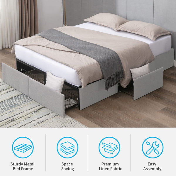 Mjkone Linen Fabric Upholstered Metal Drawer Bed Frame