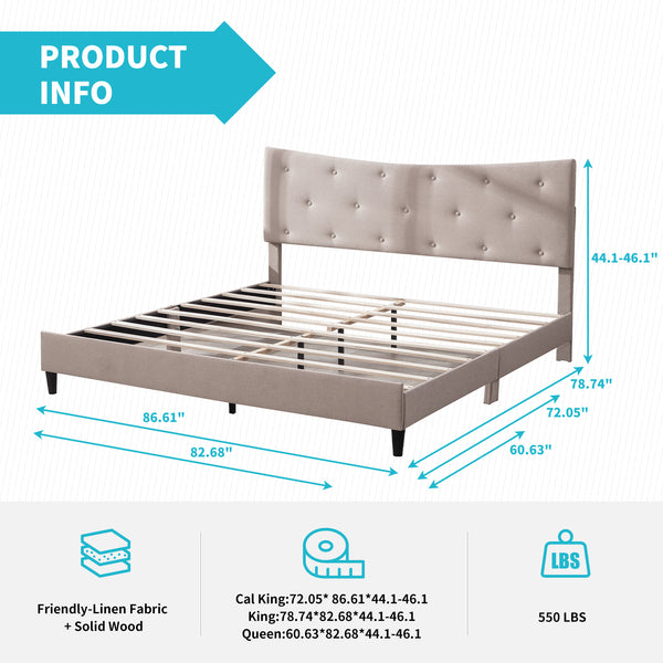 Mjkone Queen Size Upholstered Bed Frame with Curved Headboard