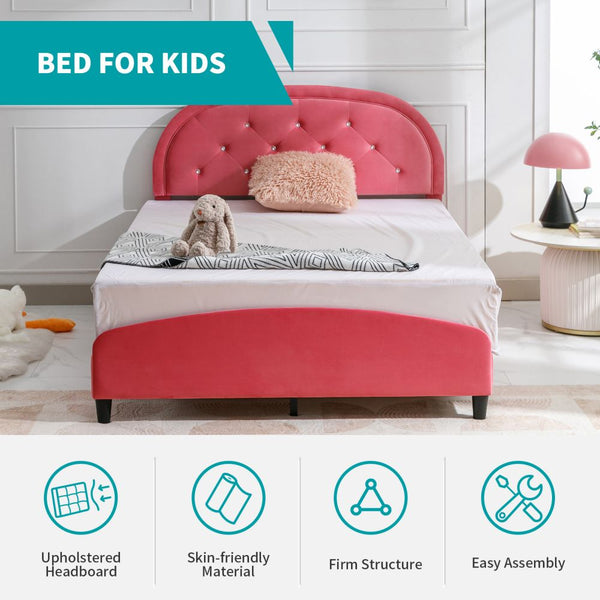 Mjkone Toddler Kids Platform Bed with Crystal Tufted Headboard