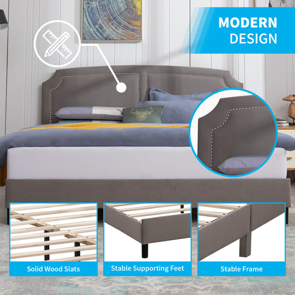 Modern Upholstered Bed Frame with Nailhead Trim Headboard