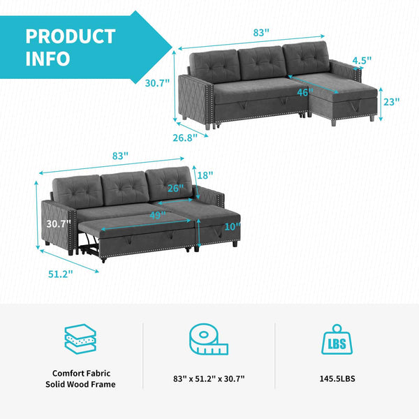 Velvet Fabric Pull-Out Sectional Sleeper Sofa Bed