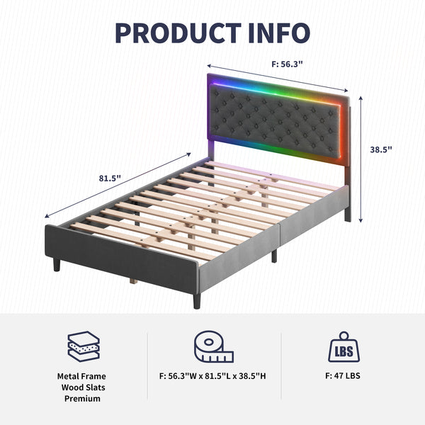 Velveteen RGB LED Bed Frame with Adjustable Headboard