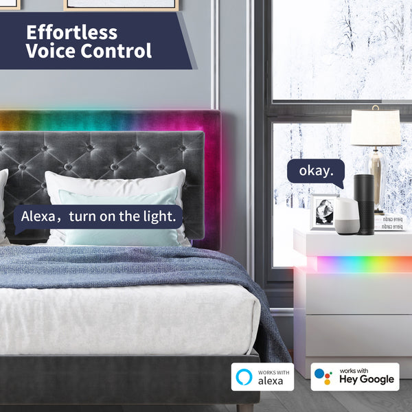Velveteen RGB LED Bed Frame with Adjustable Headboard