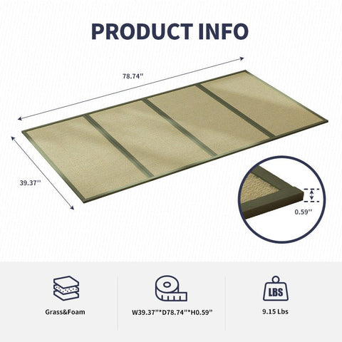Mjkone Twin Size Tatami mat, Natural Grass Tatami,Folding Japanese Floor  Sleeping Mattress with Non-Slip Breathable Memory Foam for Small