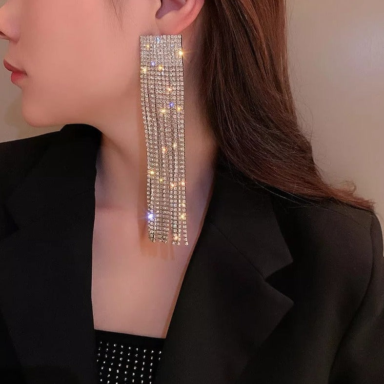 JC200 - SILVER Square Rhinestone Long Drop Tassles Silver
