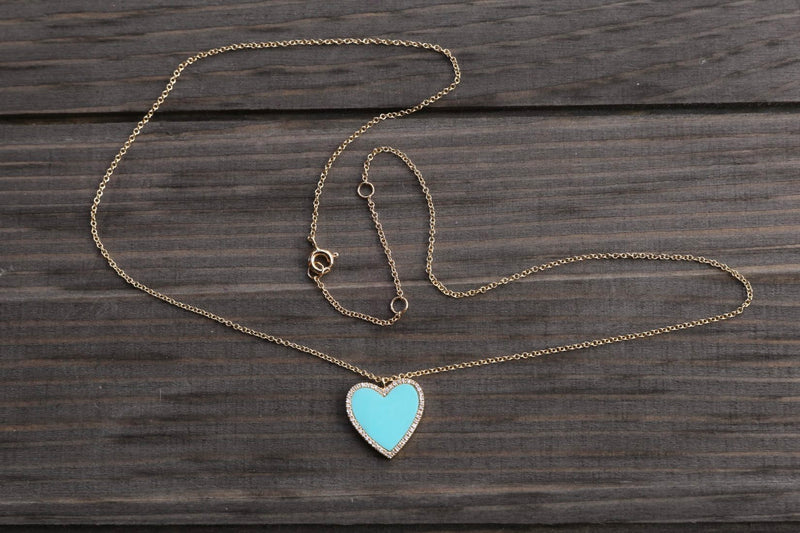 Large Turquoise Heart with Diamonds 14k Yellow Gold