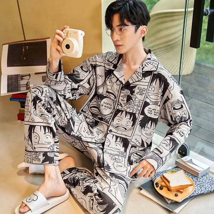 insCartoon Pyjamas Men's Long Sleeve Pajama Set Home Wear Sleeping Pants  One Piece Luffy Youth Sleep