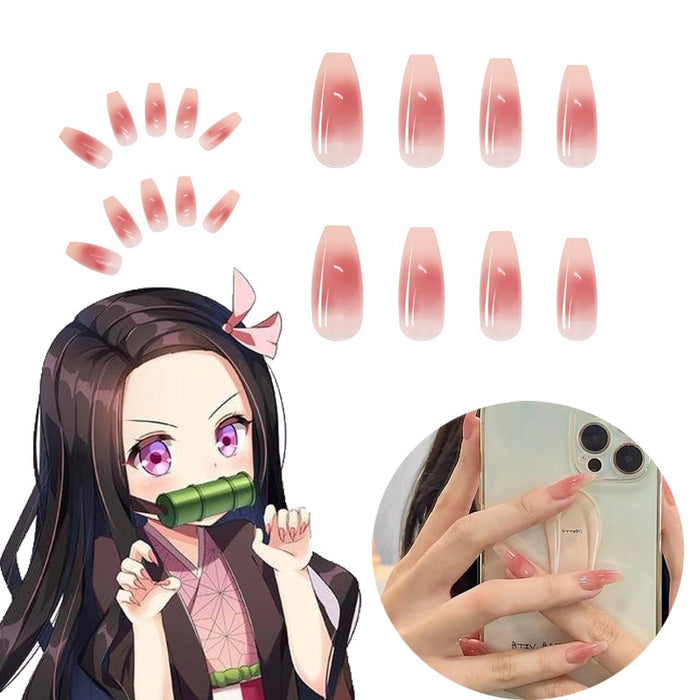 24pcs Anime Long Press On Nails Kamado Nezuko Cosplay Red Pink