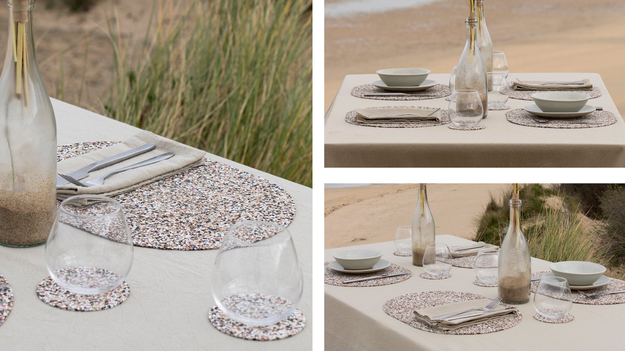 Beach clean placemats set up in a coastal scene