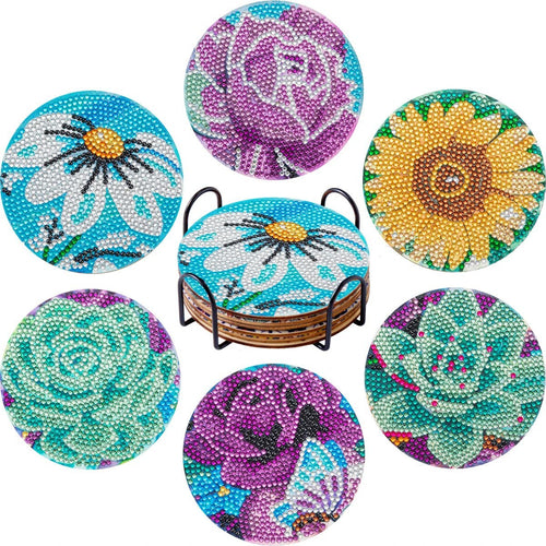 6pc Diamond Painting Coasters Kits With Holder - Pretty Flowers