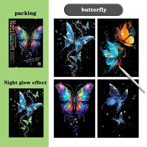 Glow In the Dark Scratch Art Painting Drawing 4 x A4 Designs Bundle - Butterflies