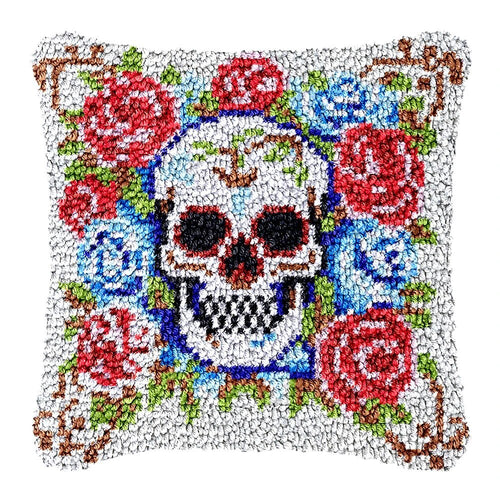 Latch Hook Pillow Making Kit - Halloween Skull in Bed of Roses Design