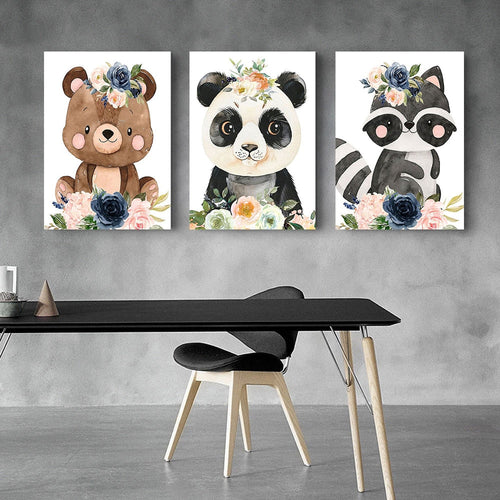 3pc Bundle DIY Paint By Numbers - Cute Nursey Floral Bear, Panda & Raccoon