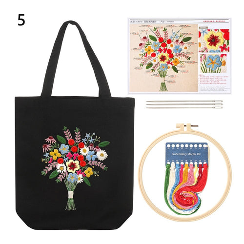 DIY Back Canvas Tote Bag Embroidery Kit - Floral Bunch