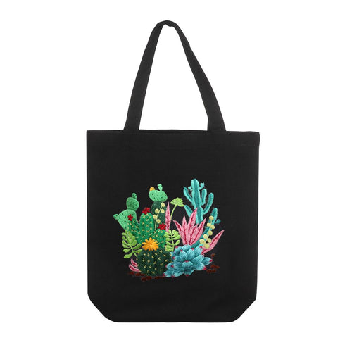 DIY Black Canvas Tote Bag Embroidery Kit - Cactus