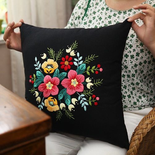 DIY Floral Embroidery Cushion Case Kit - Black