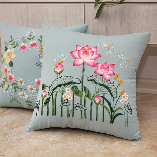 DIY Floral Embroidery Cushion Case Kit - Blue