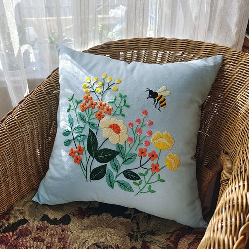 DIY Floral Embroidery Cushion Case Kit - Blue Bee