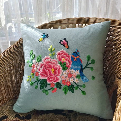 DIY Floral Embroidery Cushion Case Kit - Blue Butterfly