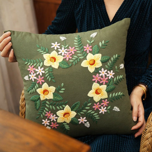 DIY Floral Embroidery Cushion Case Kit - Green