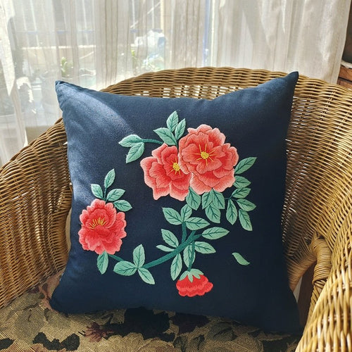 DIY Floral Embroidery Cushion Case Kit - Navy