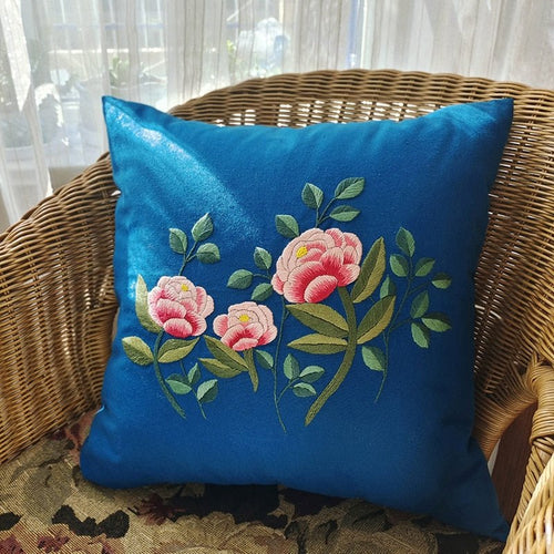 DIY Floral Embroidery Cushion Case Kit - Royal Blue