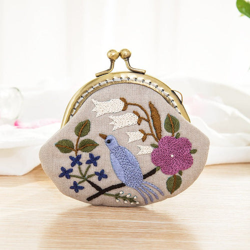 DIY Handmade Embroidered Coin Purse Kit - Floral Blue Bird