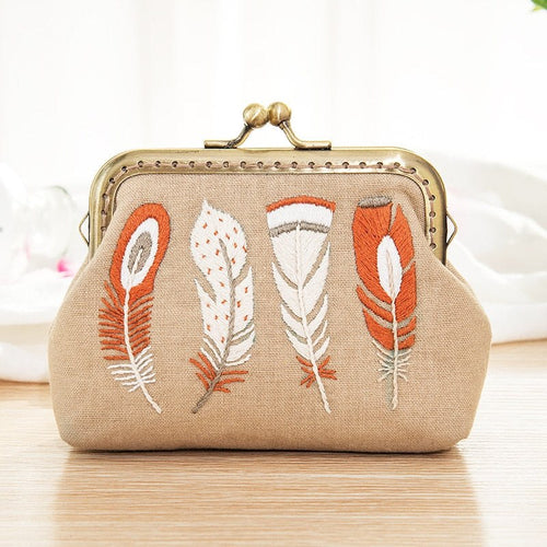 DIY Handmade Embroidered Coin Purse Kit - Indian Feathers