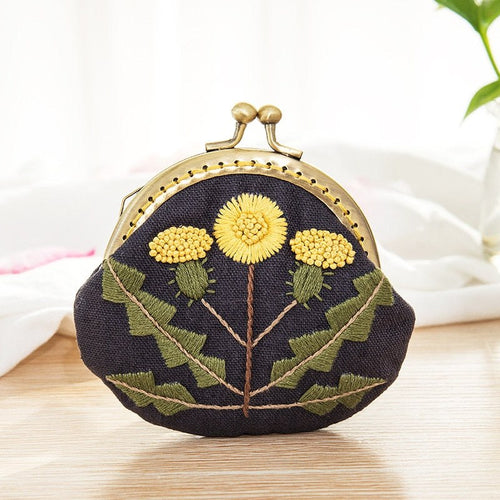 DIY Handmade Embroidered Coin Purse Kit - Navy Yellow Blossom