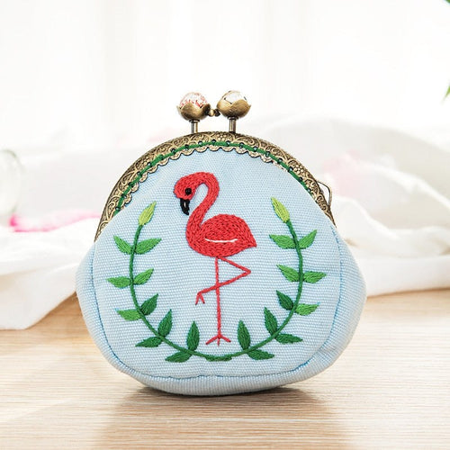 DIY Handmade Embroidered Coin Purse Kit - Pink Flamingo