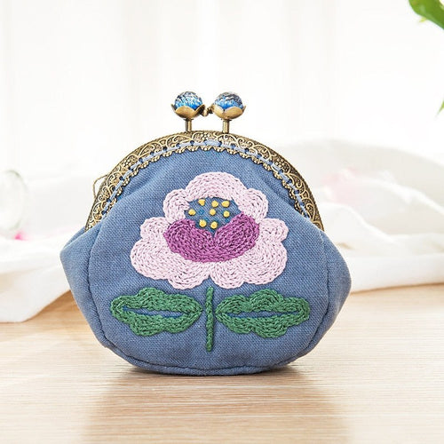 DIY Handmade Embroidered Coin Purse Kit - Purple Flower