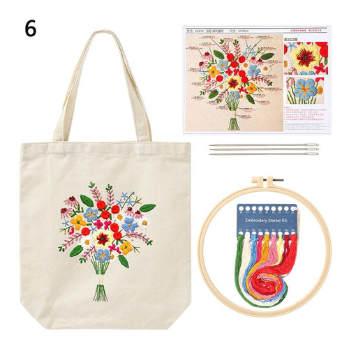 DIY Natural Canvas Tote Bag Embroidery Kit - Floral Bunch