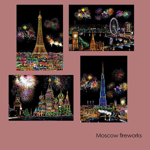 DIY Scratch Art Painting Drawing 4 x A4 Designs Bundle - City Fireworks