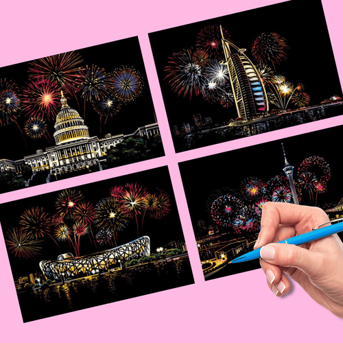 DIY Scratch Art Painting Drawing 4 x A4 Designs Bundle - NYE Fireworks